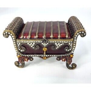 Red Sofa Bench Hinged Trinket Box Jeweled Enameled Keepsake Decorative Recamier
